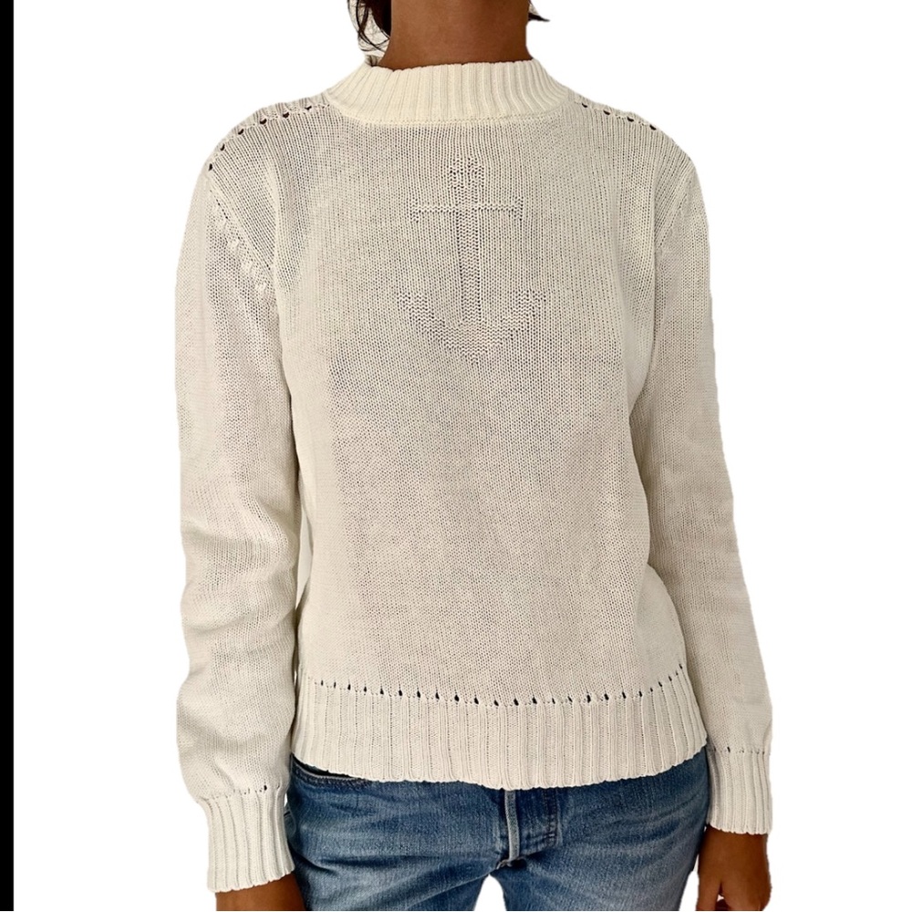 Vintage Bloomingdales White Cotton Sweater Marine Anchor Preppy Nautical Crew S